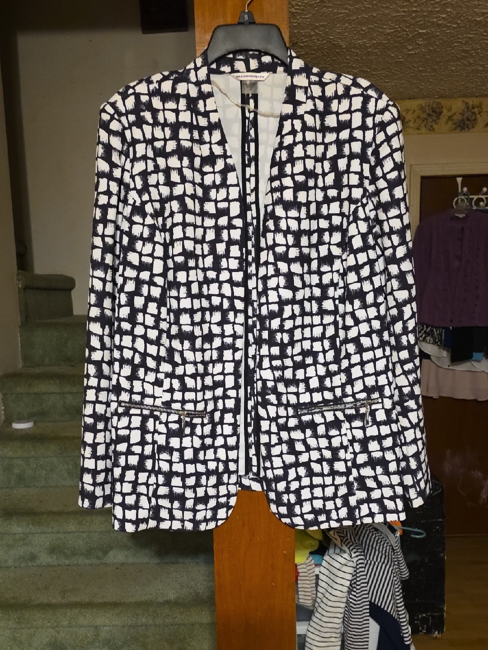 Allison Daley Black and White Grid-Print Open-Front Blazer